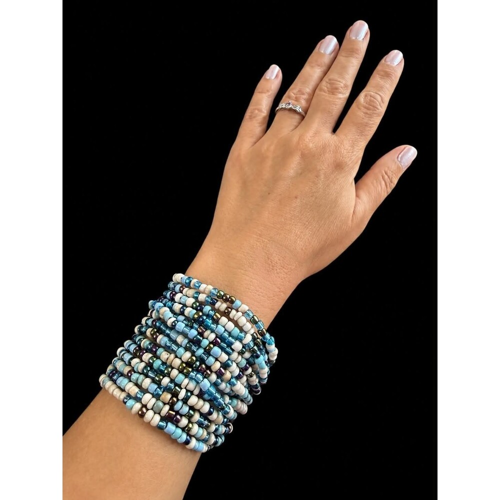 14 Strand Glass Beaded Jewelry Bracelet Blue Wood Clasp Chunky Statement Artisan